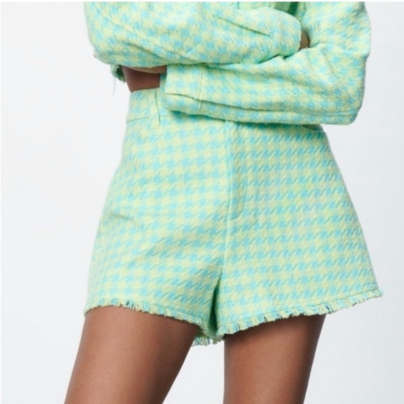 Zara High Waist Neon Green and Sky Blue Tweed Shorts - Picture 2 of 8